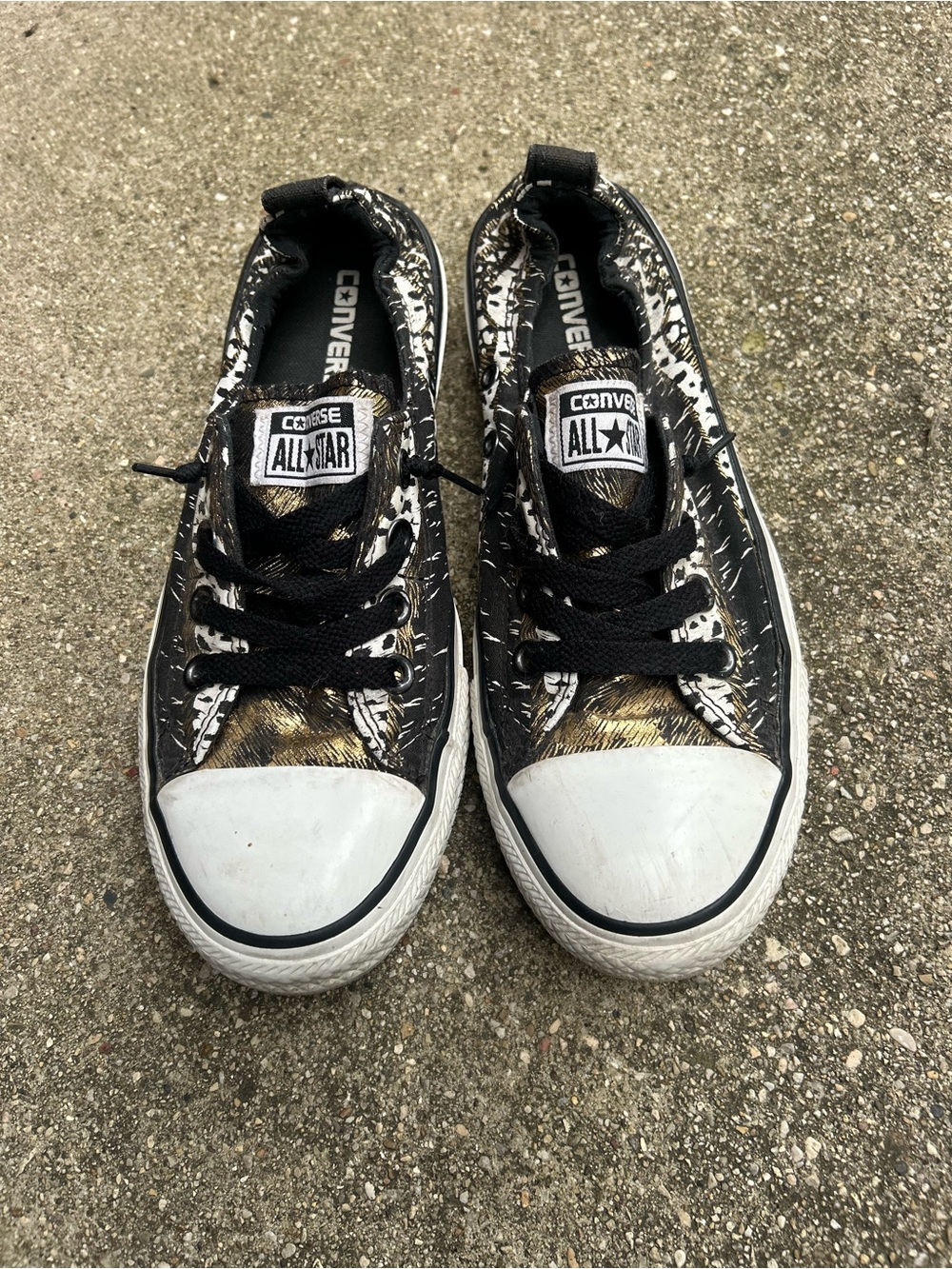 Converse Slip-On Low Top Sneakers in Black, White and Gold. Women’s size 8.